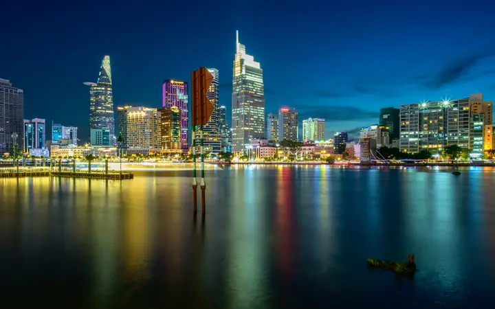Ho Chi Minh City skyline over the Saigon River at night