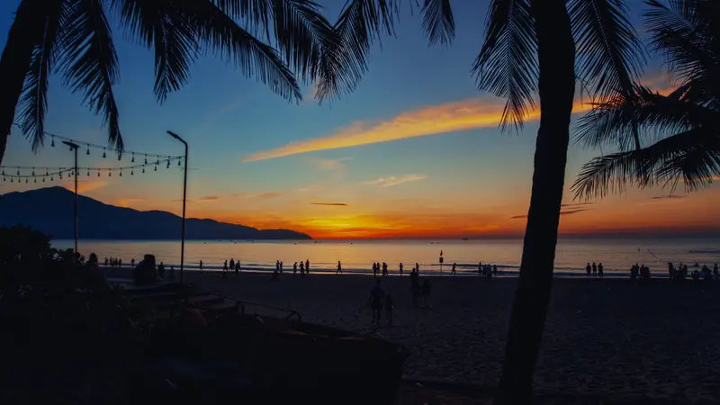 Palmiers et mer à l'aube sur la plage de My Khe, à Da Nang